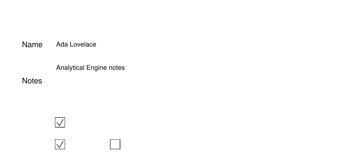 A sample PDF form filled in on the page: a typed name and notes, a ticked checkbox and a chosen radio button