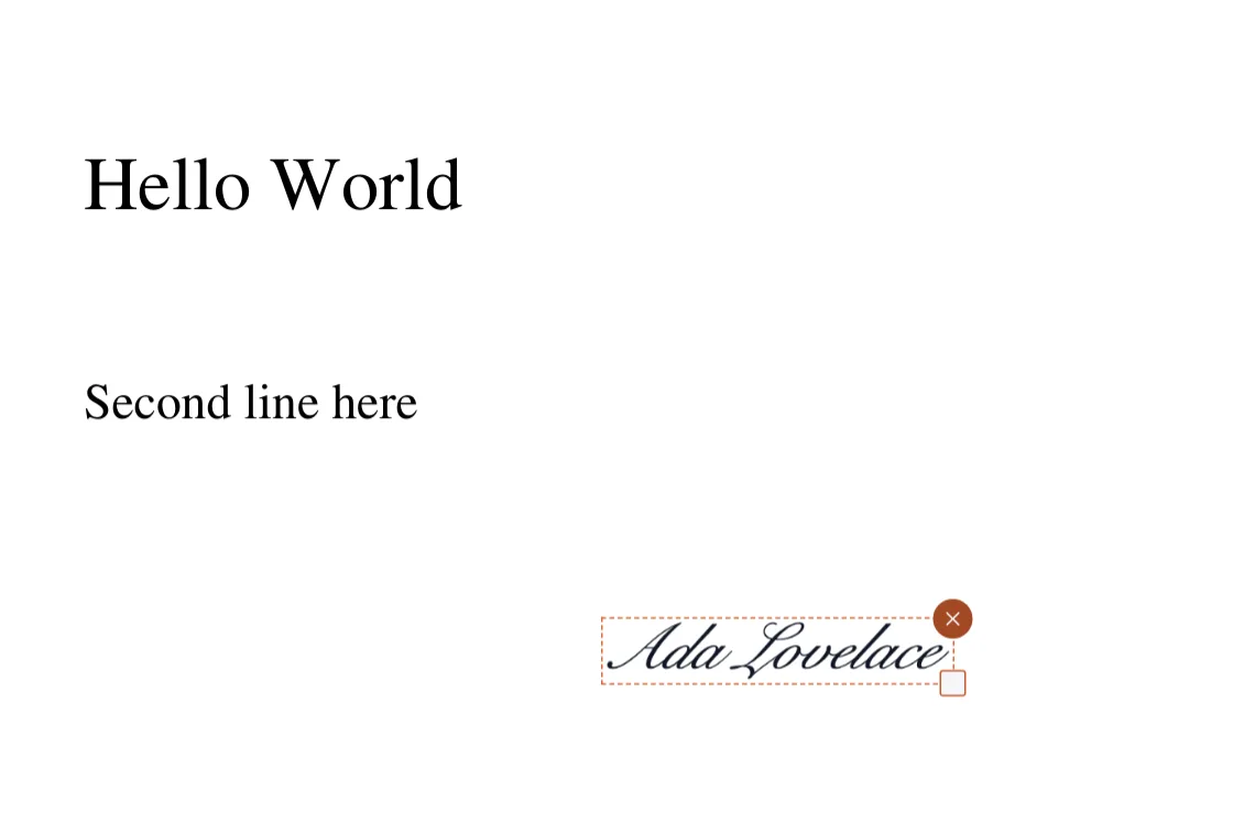 A PDF page with a typed signature placed near the bottom right, with its remove and resize handles
